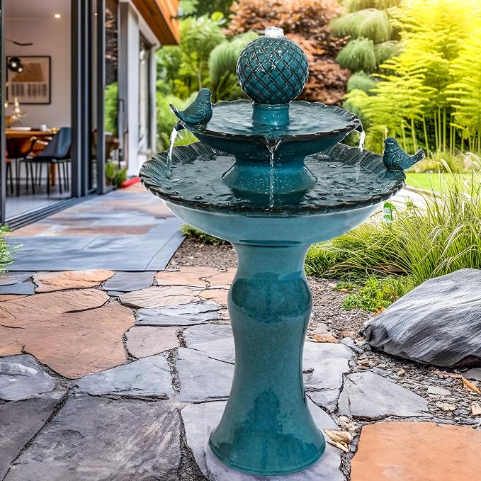Sunnydaze 27" H 2-Tier Ceramic Water Fountain - Outdoor Water Feature for Patio, Yard, Balcony - Garden Fountain - Blue