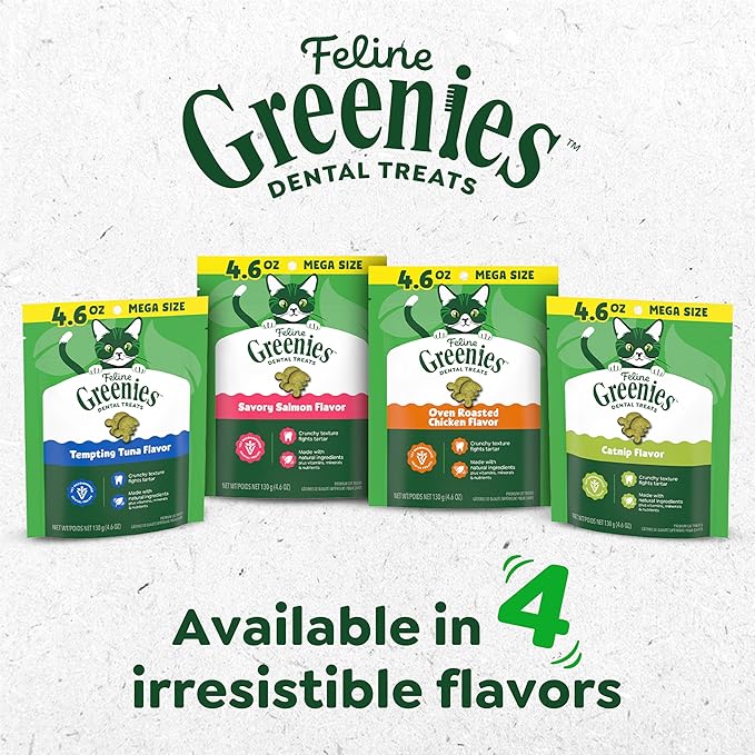Greenies Cat Treats, Veterinarian-Recommended Adult Natural Dental Cat Treats, Tempting Tuna Flavor, 4.6 oz. Tub (Pack of 2)