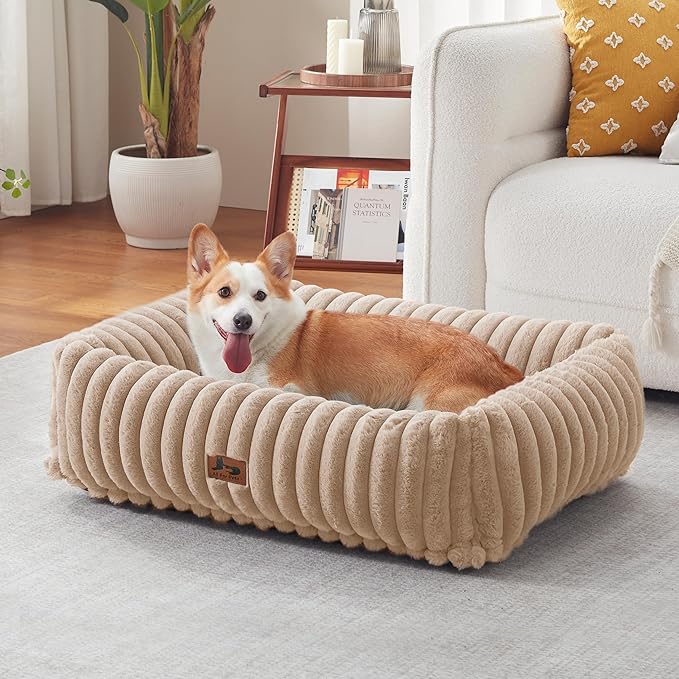 Dog Beds Large Sized Dog,Rectangle Orthopedic Pet Bed for Large Dog, Comfort Fluffy Memory Foam Dog Beds with Anti-Slip Bottom,Camel(35x25x9inchs)