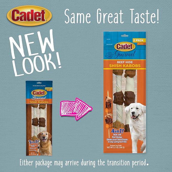 Cadet Gourmet X-Large Triple-Flavored Beef Hide Shish Kabob Dog Treats - Healthy & Natural Chicken, Liver, & Sweet Potato Dog Treats for Dogs Over 30 lbs., 10 in. (2 Count) (Pack of 3)