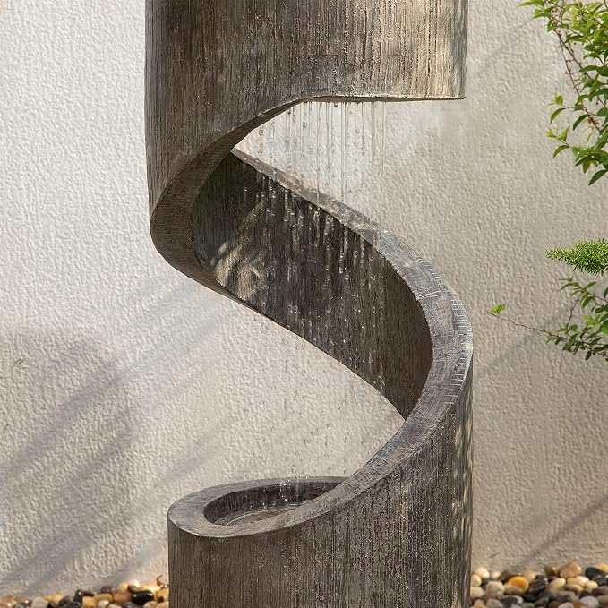 Glitzhome Outdoor Water Fountain with LED Light, Modern Spiral Tiered Outdoor Fountain with Stone Planter, Curved Freestanding Waterfall Fountains for Garden Patio Deck Porch, 40”H
