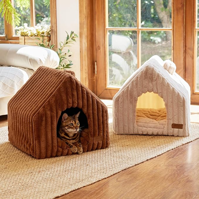 FUKUMARU Cat Houses for Indoor Cats, Washable Cute Cat Bed Cave with Removable Pillow, Large Semi-Enclosed Cozy Dog House Indoor, Soft Faux Rabbit Fur Kitten Bed, 17.5-Inch Cat Hideaway, Pink Grey
