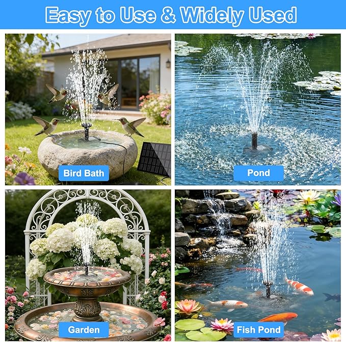 Yeomi Solar Fountain Pump for Bird Bath, 2W Upgraded Solar Water Pump with Separate Panel & 3M/9.84ft Cable, 4 Nozzles for Fountain Effects, Eco-Friendly for Bird Bath, Garden, Pond, Patio Decor