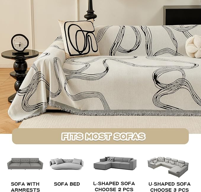 MEETSKY Boho Couch Cover Sofa Covers, Chenille Black Line Couch Covers for 2 Cushion Couch Sofa for Dogs, Washable Slipcover for Cat Sofa Protector with Tassels,71" x 118"