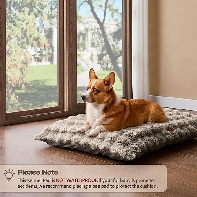 WDCOZY Fluffy Dog Crate Beds for Medium Dog, Plush Faux Fur Kennel Pad with Removal Washable Cover, Soft Pet Mat for Sleeping & Ease Anxiety, Anti-Slip Bottom for Pet Up to 40 lbs, 29"x21", Beige