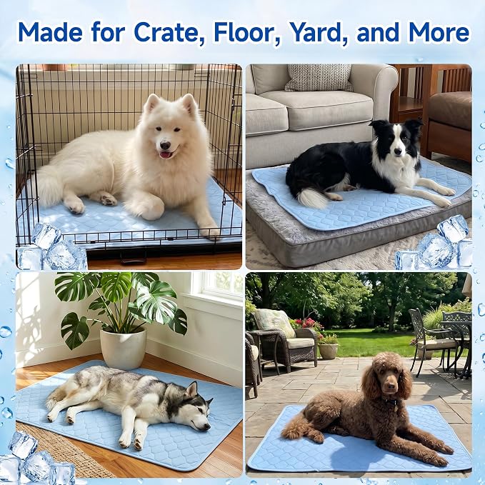 PatiencET Large Dog Cooling Mat, 32 x 44 in No-Gel Cooling Pad for Dogs, Cool Touch Nylon Pet Mat, Washable Dog Mat for Crate, Kennel, Bed, Floor, Sofa, Car, Blue