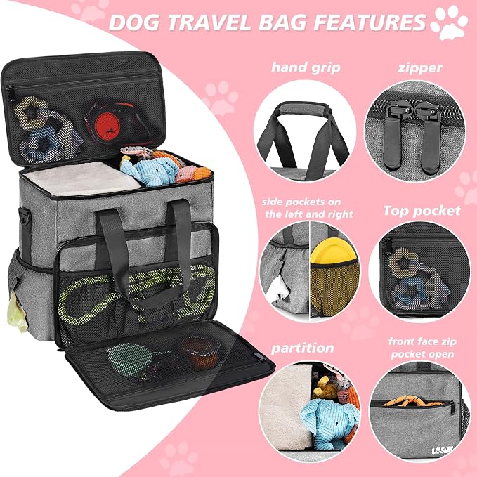 5 Set Dog Travel Bag for Supplies, Dog Lovers, Large Pet Travel Kit Includes 2 Food Containers&2 Collapsible BowlsăPlacemats,Grey