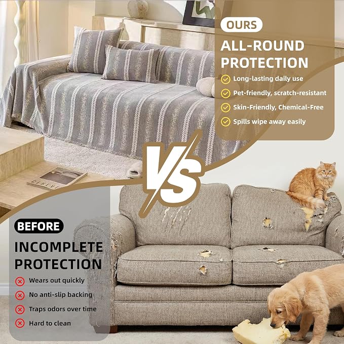 Couch Cover for Dogs Washable Sofa Cover, Sectional Couch Covers, Sofa Covers for 2 Cushion Couch, Non Slip Stripe Sofa Slipcovers Furniture Protector (Light Grey, 71 * 134)