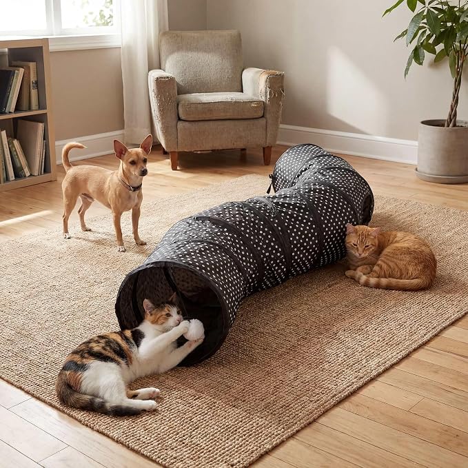 Cat Tunnel Collapsible, More Interactive Indoor Play Toy Tube for Cats & Kittens with Crinkle Paper and Peekaboo Holes(S)