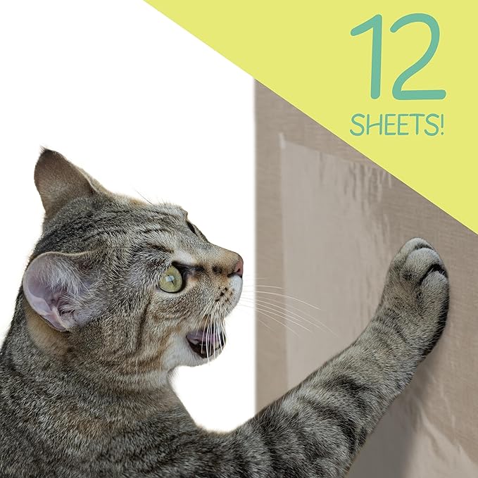 Kitty City Cat Scratch Furniture Protector Tape – 12 Large Clear Double-Sided Sticky Sheets – Cat Scratch Deterrent & Training Tape for Couch, Sofa, Chairs & Walls – Non-Toxic, Residue-Free