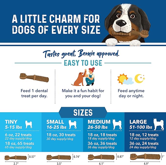 Bernie's Charming Chompers - Daily Dental Chews for Dogs 51-100 Lbs. - 12 Count - Cleans Teeth, Freshens Breath, + Boosts Oral-Gut Microbiome. Easy to Digest, Supports Healthy Digestion Naturally