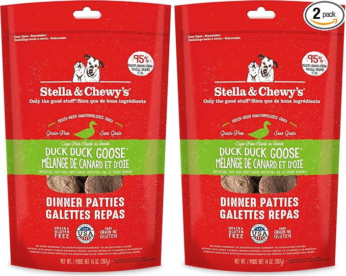 Stella & Chewy's Freeze-Dried Raw Dinner Patties - Duck Duck Goose Recipe - High Protein Grain-Free Puppy & Dog Food - Perfect for Picky Eaters - 14 oz,(Pack of 2)