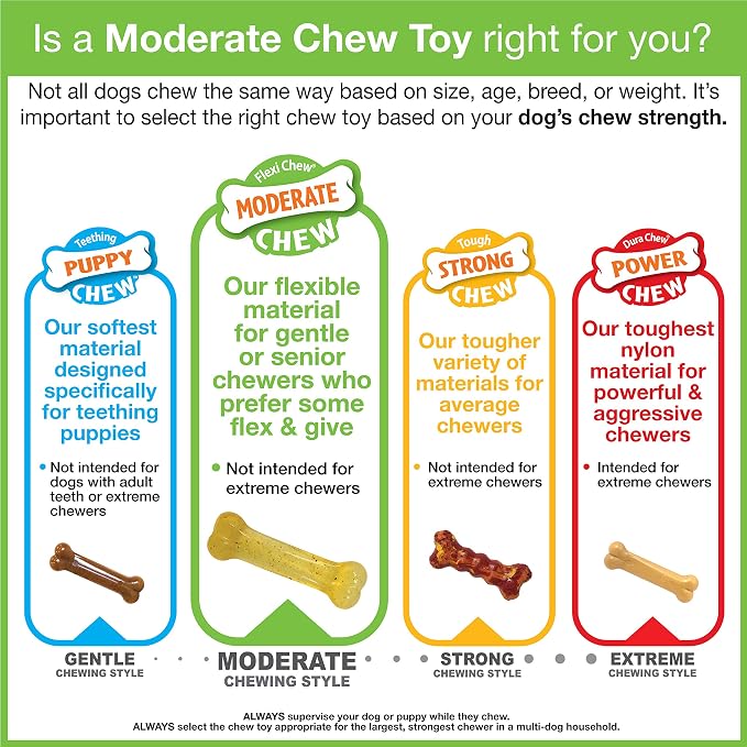 Nylabone Original Bone Flexi Chew Toy for Dogs, Dog Toys for Moderate Chewers, Value Pack, Long Lasting Bacon, Peanut Butter, & Beef Flavor, X-Small Dogs - Up to 15 lbs, 3 Pack