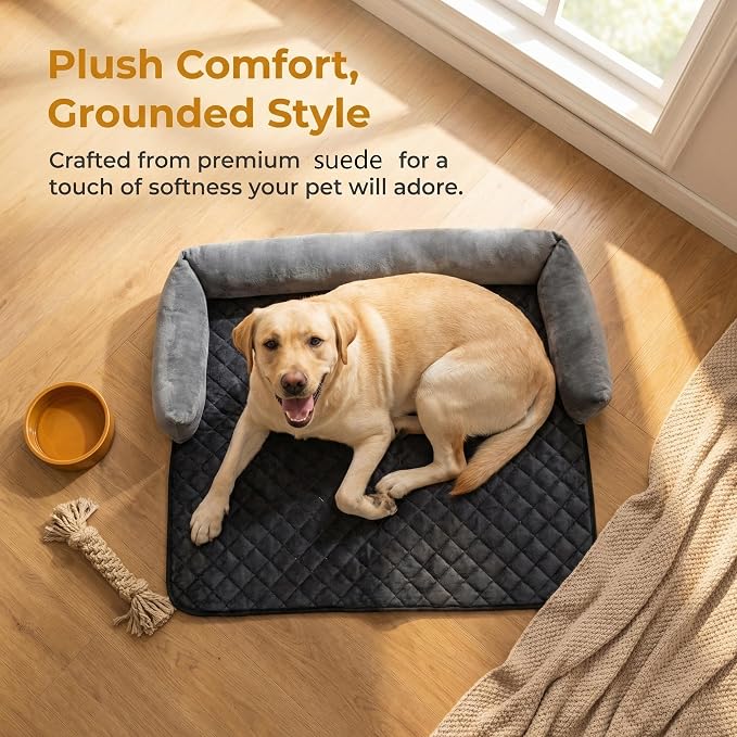 Calming Dog Bed for Couch, Non-Slip Durable Suede Dog Sofa Mat,Removable Washable Couch Dog Bed for Furniture Protector, Perfect for Small, Medium Dogs and Cats (Black and Gray, 36 x 36 inch)