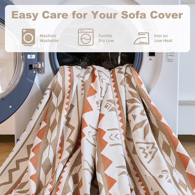 Couch Cover for Dogs Washable Sofa Cover, Sectional Couch Covers, Sofa Covers for 2 Cushion Couch, Non Slip Stripe Sofa Slipcovers Furniture Protector (Khaki Orange, 91 * 71)