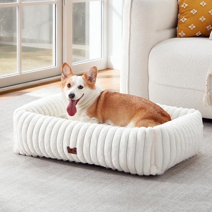 Dog Beds Large Sized Dog,Rectangle Orthopedic Pet Bed for Large Dog, Comfort Fluffy Memory Foam Dog Beds with Anti-Slip Bottom,Cream(35x25x9inchs)