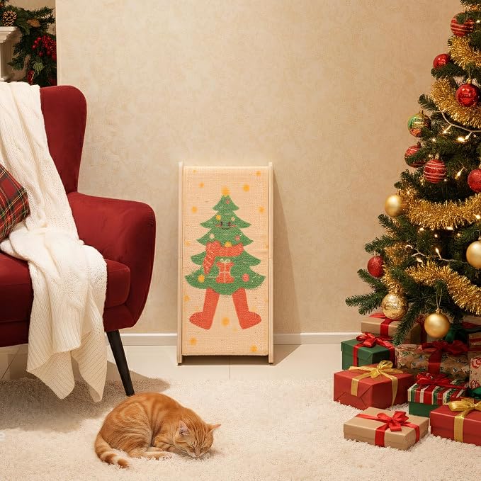 PETKARAY L Shape Cat Scratcher, Sisal Kitty Scratching Ramp, Vertical Scratch Pad for Indoor Cats, 25.2" Furniture Protector with Catnip, Festive Edition