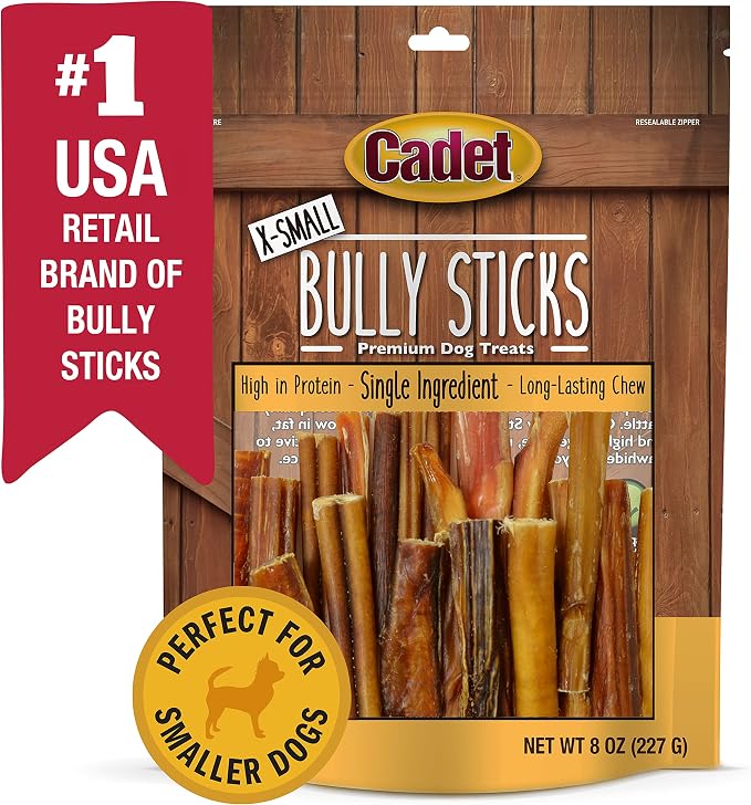 Cadet Bully Sticks for Extra-Small Dogs, All-Natural Beef Pizzle, Rawhide-Free Long-Lasting Dog Chews for Aggressive Chewers, 8 oz