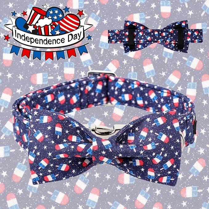 Maca Bates American Flag 4th of July Dog Collar with Bow Tie for Dogs Bowtie 4 of 7 Summer Blue Adjustable Durable Patriotic Collars USA Independence Day Gift for Small Medium Large XL Boy Girl Puppy
