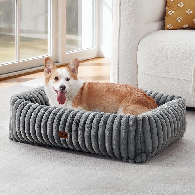 Dog Beds Large Sized Dog,Rectangle Orthopedic Pet Bed for Large Dog, Comfort Fluffy Memory Foam Dog Beds with Anti-Slip Bottom,Grey(35x25x9inchs)