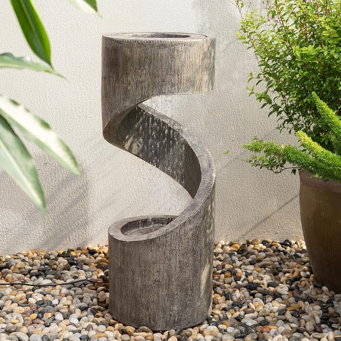Glitzhome Outdoor Water Fountain with LED Light, Spiral Outdoor Fountain Waterfall with Stone Planter, Modern Curved Freestanding Fountain Water Feature for Garden Patio Backyard, 31.3" H