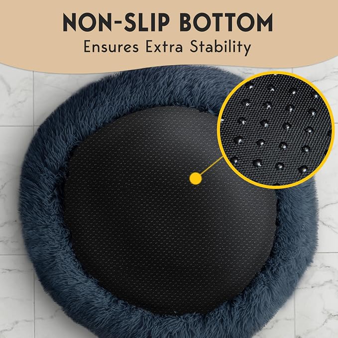 PetJett Dog Beds Large Sized Dog - 36'' Calming Round Bed, Washable Dog Bed - Anti-Slip Super Soft Donut Bed, Fluffy Faux Fur Anti-Anxiety Premium Comfort Pet Bed, Fits Dogs up to 80 lbs - Dark Grey
