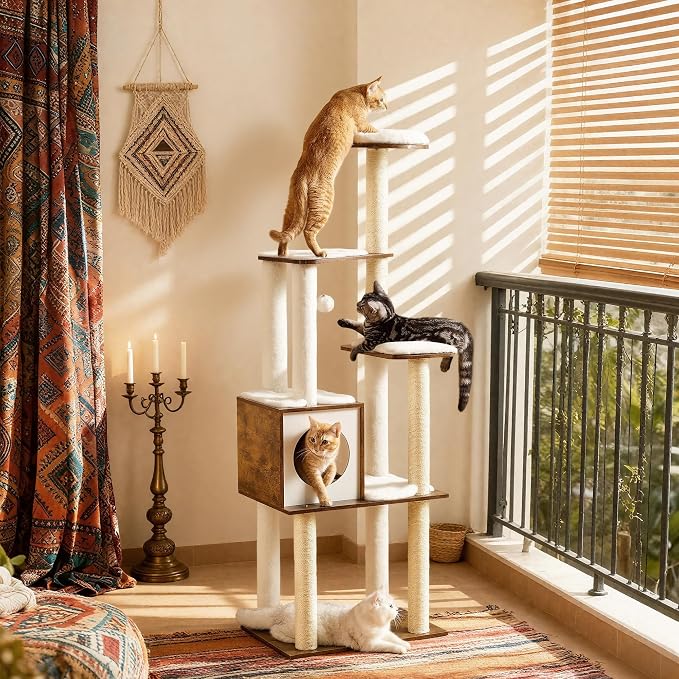 Feandrea Cat Tree, 64.6-Inch Modern Cat Tower, Multi-Level Condo with 5 Scratching Posts, Perch, Washable Removable Cushions, Cave, Rustic Brown UPCT166X01