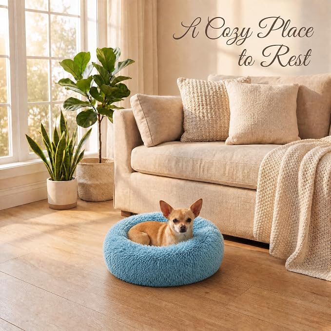 Tiny Dog Bed 15 Inch for Extra Small Dogs,Washable Puppy Bed,Soft Faux Fur Calming Donut Bed for Chihuahua Yorkie Maltese Pomeranian,Blue