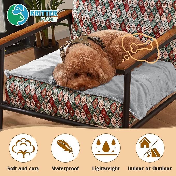Kritter Planet Waterproof Small Dog Blanket, Soft Puppy Blanket,Washable Furniture Protector, Dog Blanket for Car,Reversible Sherpa Fleece Couch Cover for Small Pets