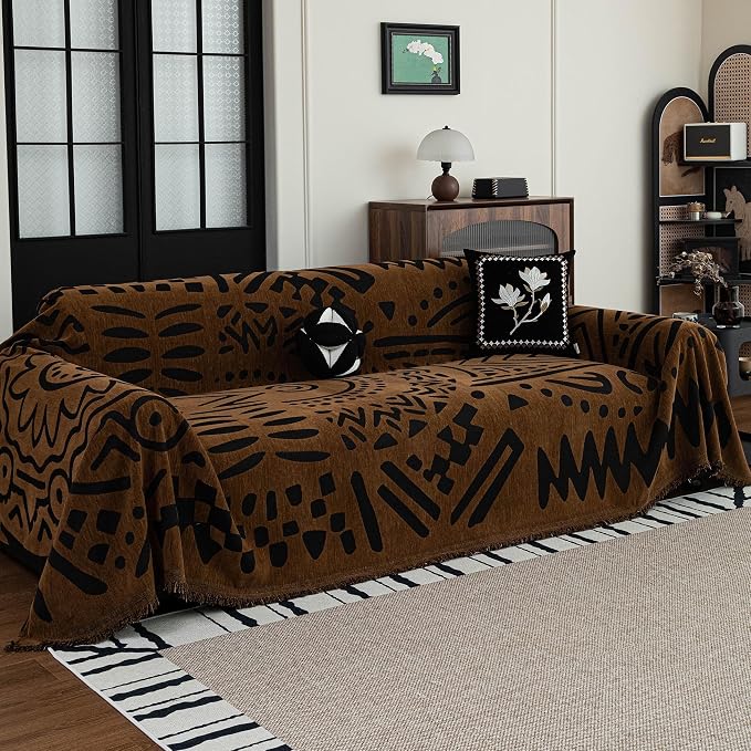 MEETSKY Boho Couch Cover Sofa Covers, Chenille Geometric Dark Brown Couch Covers for 2 Cushion Couch Sofa for Dogs, Washable Sofa Slipcover for Cat Sofa Protector with Tassels,71" x 118"