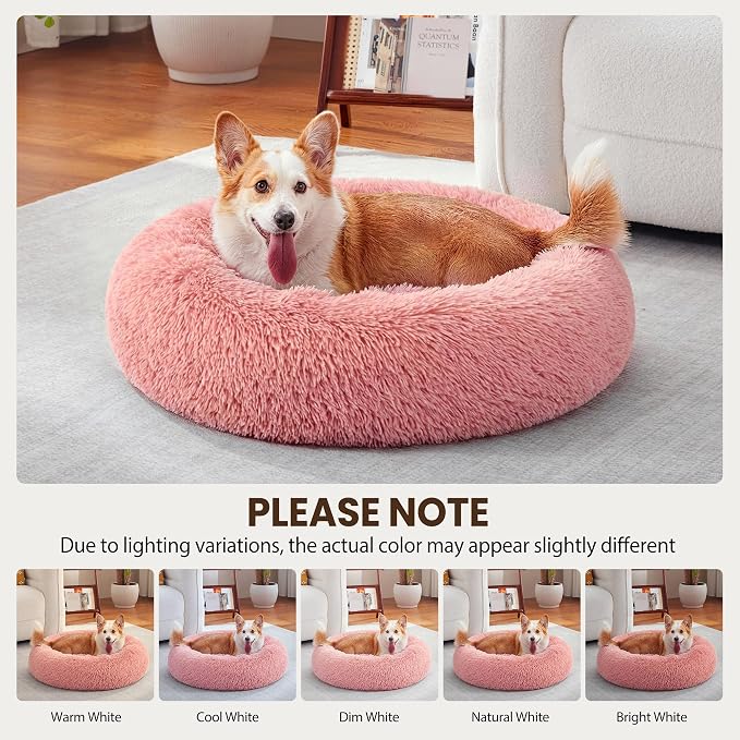 Donut Dog Bed Medium Size Dog, Round Cat Beds for Small Medium Dogs and Cats with Washable Fluffy Faux Fur, Cute Comfort Pet Bed with Anti-Slip Bottom, Pink, 30"