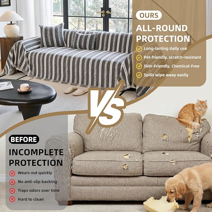 Couch Cover for Dogs Washable Sofa Cover, Sectional Couch Covers, Sofa Covers for 2 Cushion Couch, Non Slip Stripe Sofa Slipcovers Furniture Protector (Dark Gray, 75 * 134)
