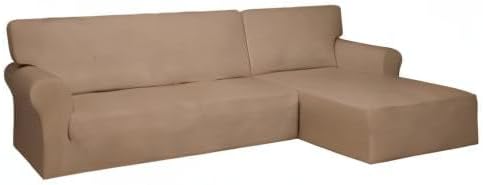 PureFit Super Stretch Sectional Couch Covers - 2 pcs Spandex Non Slip Sofa Covers with Elastic Bottom for L Shape Sectional Sofa Couch, Great for Kids & Pets (3 Seat Sofa + 2 Seat Chaise, Camel)