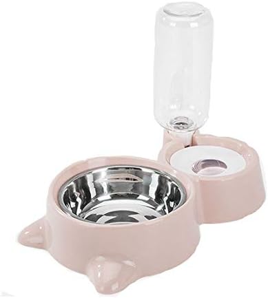 Double Dog Cat Bowls, Pets Water and Food Bowl Set with Detachable Stainless Steel Bowl, Automatic Water Dispenser Bottle No-Spill Pet Feeder for Cats Puppy and Small Dogs (Pink)