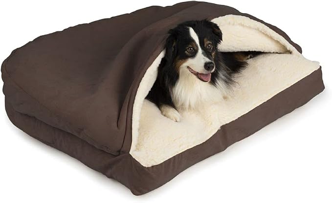 Snoozer Rectangle Cozy Cave Dog Bed - Indoor Dog Bed with Cover Cave, Covered Calming Burrow for Medium & Large Sized Pets with Blanket Attached, Enclosed, Washable Cover - Large, Hot Fudge