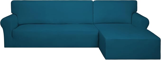 PureFit Super Stretch Sectional Couch Covers - 2 pcs Spandex Non Slip Sofa Covers with Elastic Bottom for L Shape Sectional Sofa Couch for Kids & Pets (3 Seat Sofa + 2 Seat Chaise, Peacock Blue)