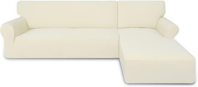 PureFit Super Stretch Sectional Couch Covers, polyester & spandex, Non Slip - 2 pcs Covers with Elastic Bottom for L Shape Sofa, Great for Kids & Pets (3 Seat Sofa + 3 Seat Chaise, Ivory)
