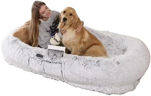 Human Dog Bed for Adults, 71"x45"x14" Giant Fluffy Dog Bed for Humans, Washable Faux Fur Napping Bed, Orthopedic Human Pet Bed with Non-Slip Bottom