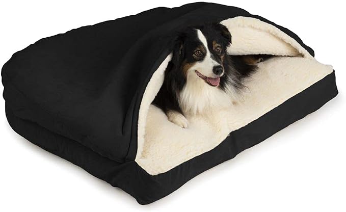Snoozer Rectangle Cozy Cave Dog Bed - Indoor Dog Bed with Cover Cave, Covered Calming Burrow for Small Sized Pets with Blanket Attached, Enclosed, Washable Cover - Small, Black