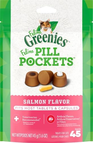 Greenies Feline Pill Pockets for Cats Natural Soft Cat Treats, Salmon Flavor, 1.6 oz. Pouch (45 Treats) (Pack of 2)