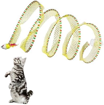 Andiker Spiral Tunnel for Cats, 21.45” Collapsible Cat Tunnel with Feather Toy and Plush Mouse Interactive Cat Toys for Indoor Cats to Relieve Boredom for Kitten (Yellow)