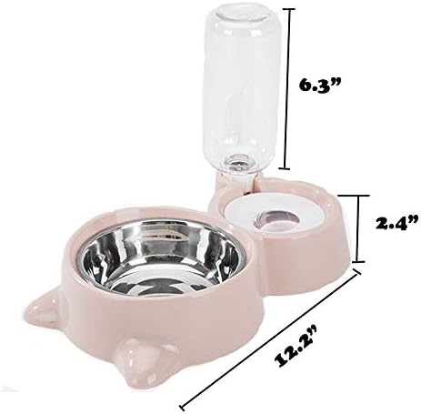 Double Dog Cat Bowls, Pets Water and Food Bowl Set with Detachable Stainless Steel Bowl, Automatic Water Dispenser Bottle No-Spill Pet Feeder for Cats Puppy and Small Dogs (Pink)