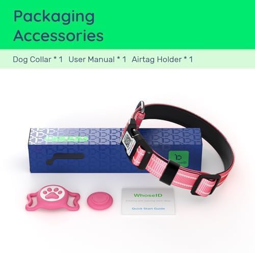 Airtag Dog Collar, Reflective Ultra-Durable Nylon Padded with QR Buckle & IP68 Waterproof Air Tag Holder Compatible for Apple AirTag, Comfortable for Small Medium Large Dogs (Hot Pink,XL)