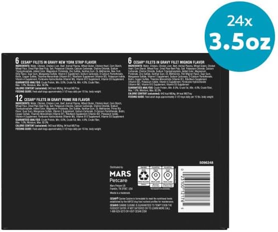 Cesar Filets in Gravy Adult Wet Dog Food Variety Pack, Filet Mignon, New York Strip, and Prime Rib Flavors, 3.5 oz. Easy Peel Dog Food Tray, 24 Count (Pack of 1)