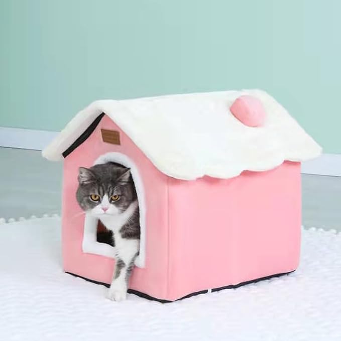 Cat Bed Cave, Cute Christmas Cat Beds for Indoor Cats, Xmas Pet House Cats Tent with Removable Cushion Pillow for Kittens Puppy Small Dogs (Pink-S(15.7x12.6x13.7in)