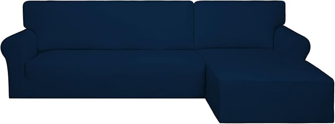 PureFit Super Stretch Sectional Couch Covers - 2 pcs Spandex Non Slip Sofa Covers with Elastic Bottom for L Shape Sectional Sofa Couch, Great for Kids & Pets (3 Seat Sofa + 2 Seat Chaise, Navy)