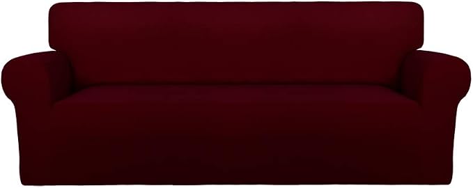 PureFit Super Stretch Sofa Slipcover – Spandex Non Slip Soft Couch Sofa Cover, Washable Furniture Protector with Non Skid Foam and Elastic Bottom for Kids, Pets （Oversized Sofa, Wine）