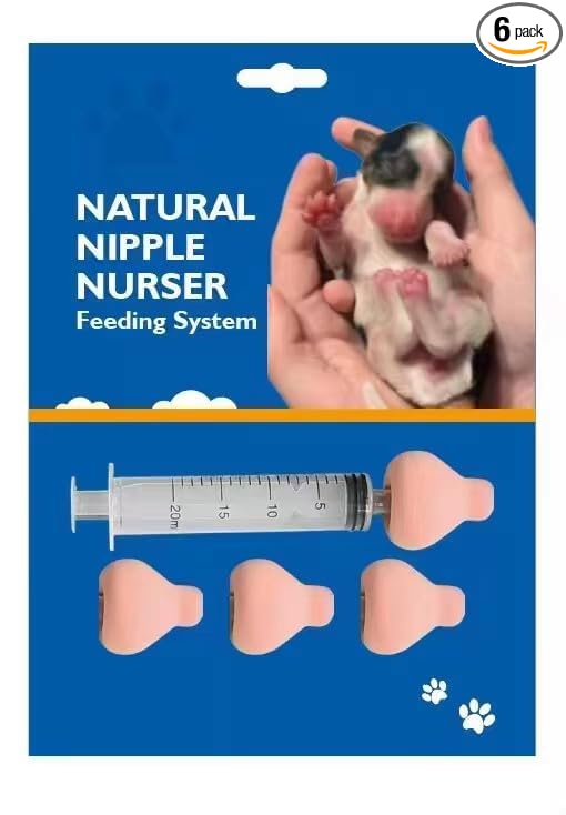 The Natural Nipple Nurser, Six Pack Pet Feeding Nipple with Syringe,Puppy Bottles for Nursing, Newborn Puppy Nursing Nipple, Puppy Feeder, Nursing Nipples for Small Animals, Whelping Supplies (Large)