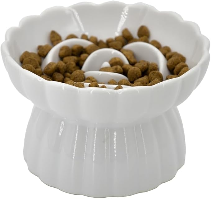 Ceramic Cat Slow Feeder, Raised Slow Feeder Cat Bowl, Anti Vomiting and Whisker Friendly Kitty Dish, Elevated Puppy Kitten Food Bowl for Dry and Wet Food (White)