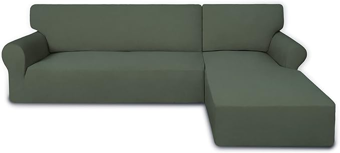 PureFit Super Stretch Sectional Couch Covers - 2 pcs Spandex Non Slip Sofa Covers with Elastic Bottom for L Shape Sectional Sofa, Great for Kids & Pets (3 Seat Sofa + 3 Seat Chaise, Greyish Green)